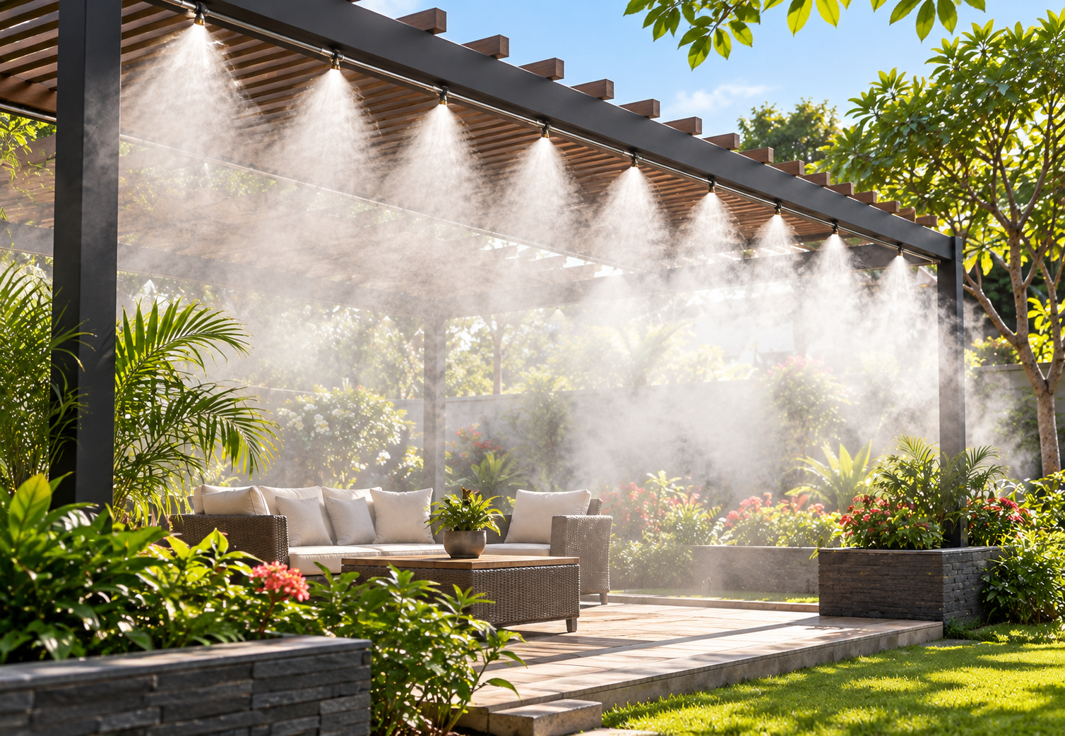 Villa garden pergola high-pressure outdoor misting cooling system Hyderabad with triplex pump, SS-316L nozzles and dry-fog line layout for lawns, pergolas, poolside decks and resort landscapes