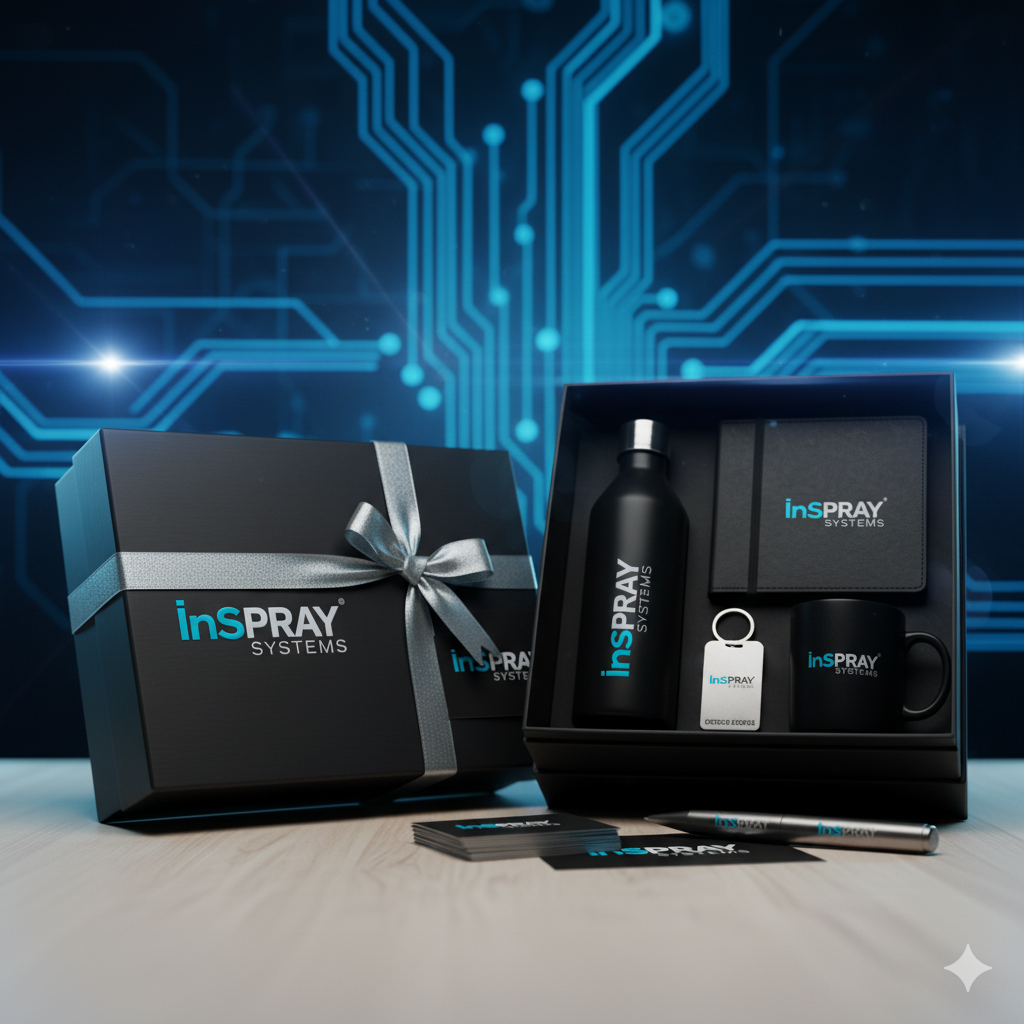 INSPRAY SYSTEMS business gift set with branded bottle, diary, mug, pen and gift box