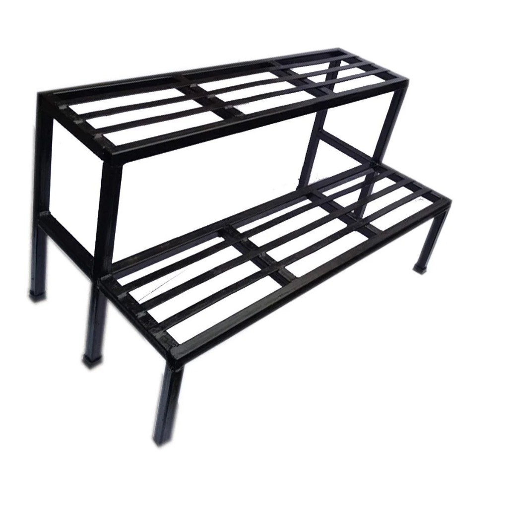 Multi-tier plant stand &mdash; 2-tier step staircase nursery planter rack, 6-pot capacity, powder-coated matte-black MS, Hyderabad manufacturer